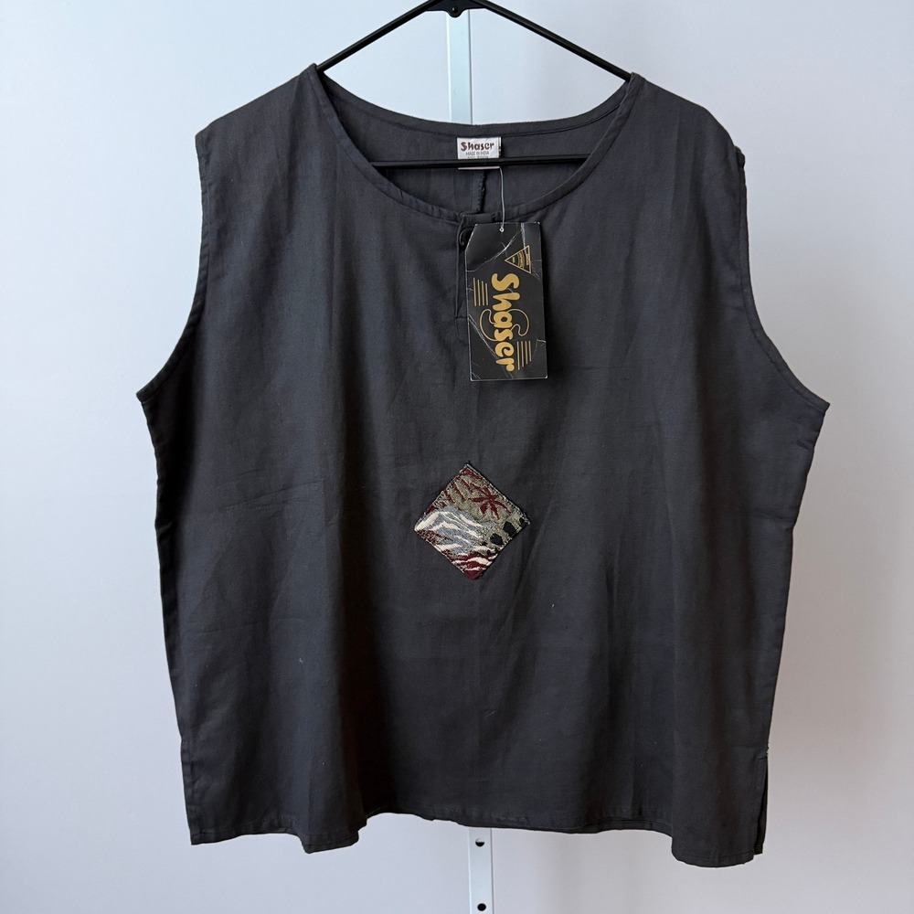 Shaser Boho Lagenlook Relaxed Boxy Patchwork Sleeveless Top Free Size Black